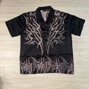 Men's MT:2 Tribal Flame Button Up Shirt‎ Gray Red Black Y2k Size XL Shiny Rayon